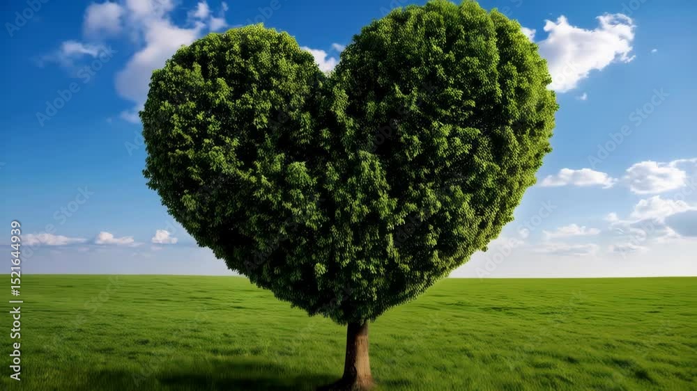 Heart shaped tree standing in a bright green field under a partly cloudy clear blue sky environment of natural beauty and love