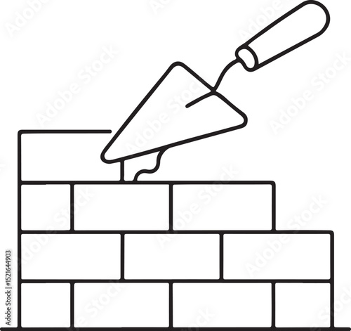 Trowel and brick wall outline isolated on white background