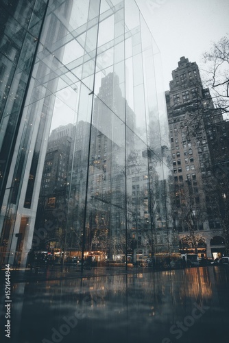 City Buildings Reflect on Glass in Urban Skyline View During Overcast Afterno...