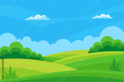 Summer nature landscape with green grass, blue sky, and mountains