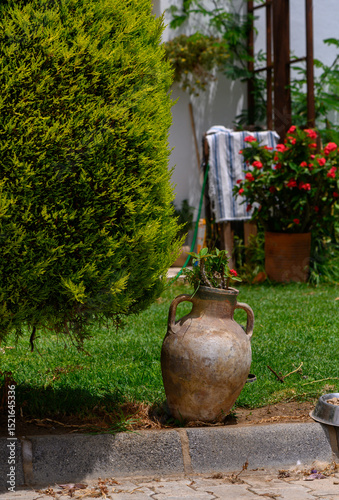 Old Clay Jug Used as Garden Decoration Under Bush