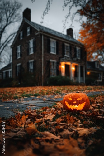 Halloween Pumpkin Glowing in the Front Yard of a Historic House During Autumn...