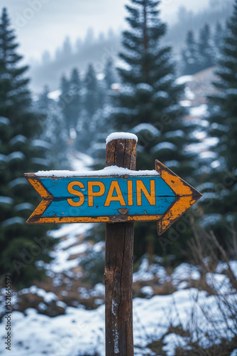 on the pole there is a direction arrow with the inscription       Spain against the   winter background of a picturesque    landscape
