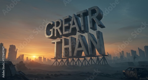 Greater Than Text Sculpture in Post-apocalyptic Cityscape at Sunset