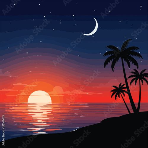 Tropical Sunset and Moonlit Ocean Serenity