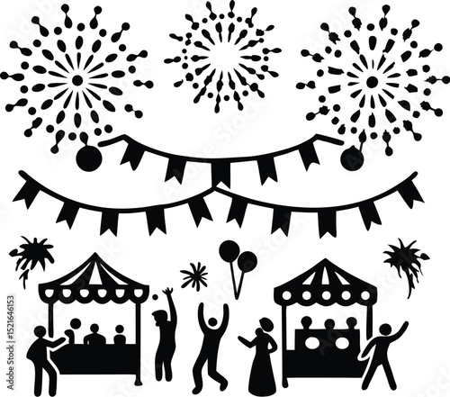 Festive carnival celebration with fireworks and joyful silhouette figures in black and white graphic design