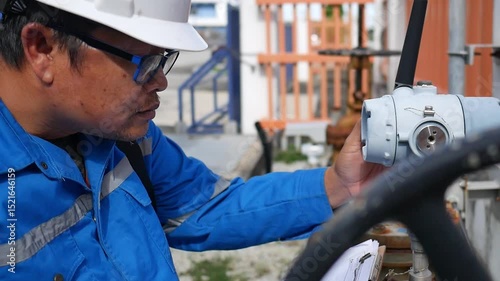 Instrumentation engineer inspecting flow rate via flow transmitter in a chemical or petroleum plant. Represents industrial automation, fluid control, process technology, and engineering systems.