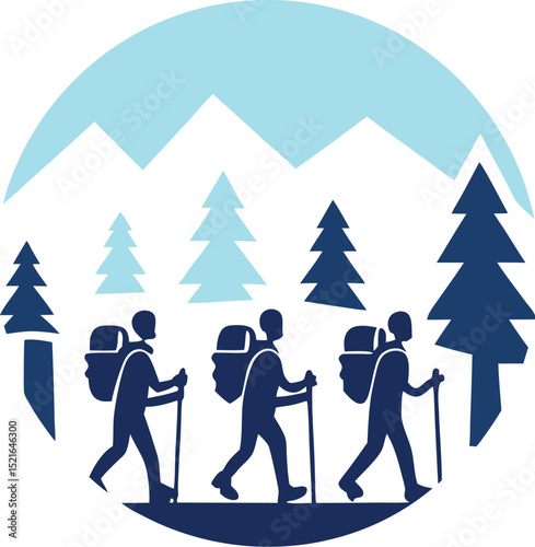 Group of hikers backpacking through wintery mountain landscape adventure concept in a circular composition