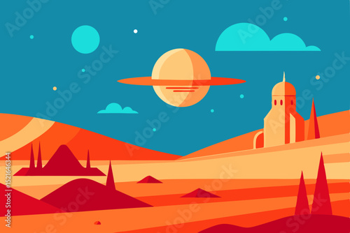 Desert landscape vector illustration with pyramids under a sunset sky, featuring mountains, palm trees, and cactuses