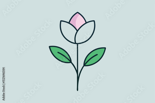 Pink vector flower illustration with delicate rose petals and green leaves, a beautiful floral design for spring