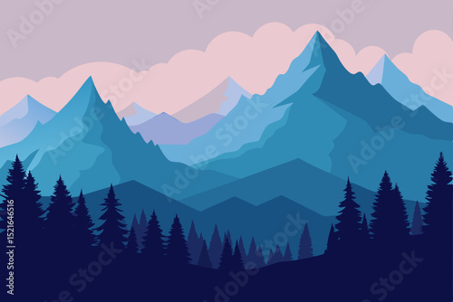 Majestic mountain peaks pierce the morning sky, a serene winter landscape of snow-dusted forests and valleys shrouded in ethereal mist