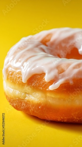 Glazed Donut With Sweet Icing on a Bright Yellow Background in a Tempting Dis...