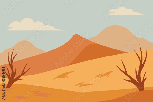 Desert landscape with palm trees and sun over sand dunes vector illustration