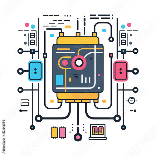 Digital circuitry illustration featuring central processor connected to input output components