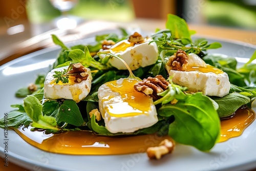 Delicious Salad With Goat Cheese, Walnuts, and Honey Dressing on a Sunny Dini...