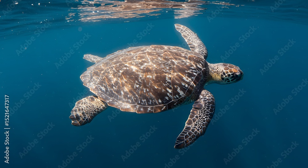 Fototapeta premium Green sea turtle peacefully swimming in the open ocean, showcasing the beauty and serenity of marine life on World Sea Turtle Day.