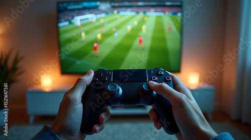 Close-up of hands gripping black gaming controller with soccer video game on screen, ideal for eSports and gaming promotions