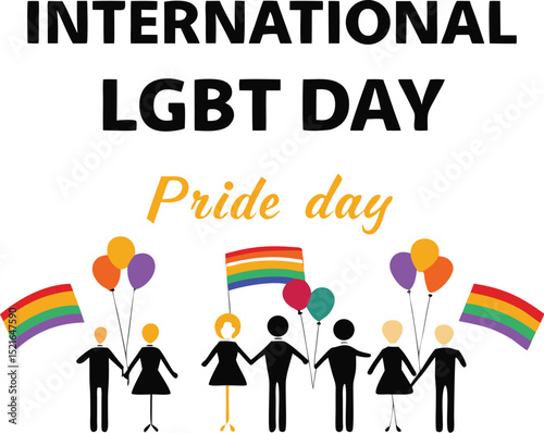 International lgbt pride day celebration vector illustration featuring rainbow flags balloons and diverse group holding hands