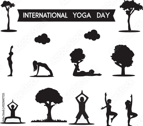 International yoga day celebration silhouette illustrations featuring various poses with trees and clouds in black and white vector design