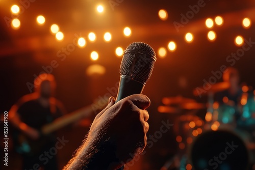 Hand Holding Microphone During Vibrant Live Music Performance in Dimly Lit Ve...