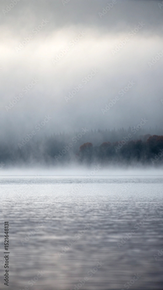 Fototapeta premium Misty lake at dawn: a tranquil scene of water and forest under overcast skies