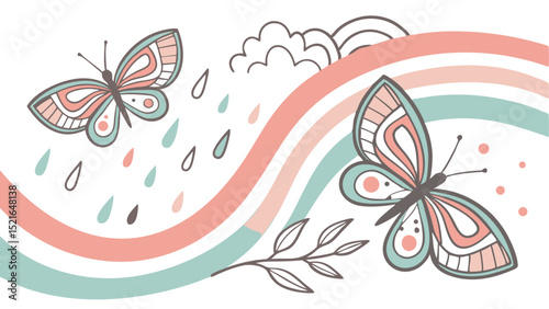 Hand drawn butterflies rainbow and raindrops design with pastel colors on a white background