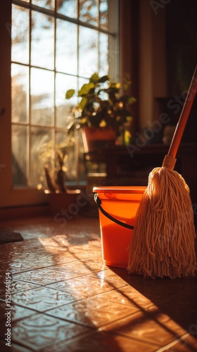 Mop and Bucket Positioned Near Bright Window During Evening Light