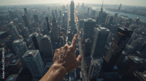 One hand pointing at a big city with a clock tower, futuristic sci-fi atmosphere, first person perspective, finger, hand, pointing forward, poking, hand holding, hand pointing, science, technology