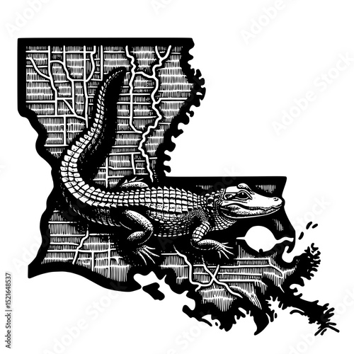 Alligator and Louisiana Outline, vector, illustration, art, drawing, grunge, sketch, sport, silhouette, design, vintage, music, woman, symbol, cartoon, hand, people, pattern