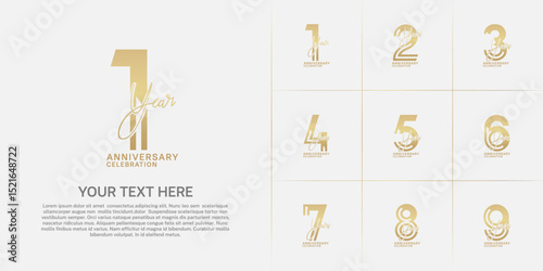 Anniversary set design with double line number and handwriting. golden color for celebration event