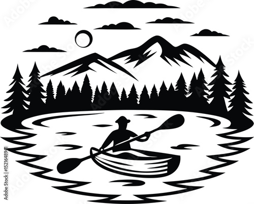 Silhouette illustration of a kayaker paddling on a lake surrounded by mountains and forest under a cloudy sky