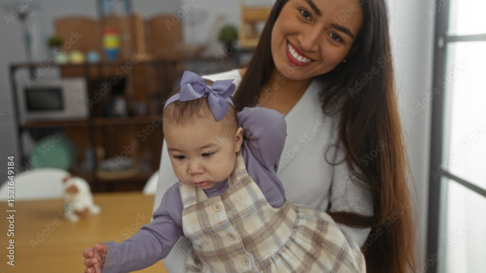 Fototapeta premium Woman holding baby with love in cozy home setting, showing family bonding and happiness, highlighting the joy in an indoor apartment environment.