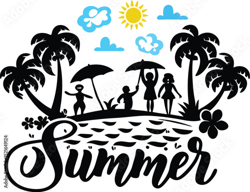 Silhouette summer scene with people palm trees clouds and sun enjoying a beach holiday