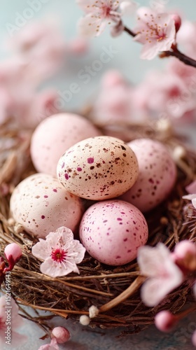 Decorative Pink Eggs Arranged in a Nest With Cherry Blossom Flowers on a Soft...