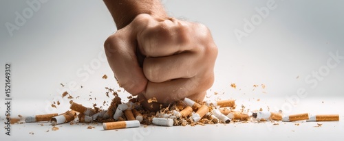 The fist crushing cigarettes symbolizes the fight against smoking addiction.