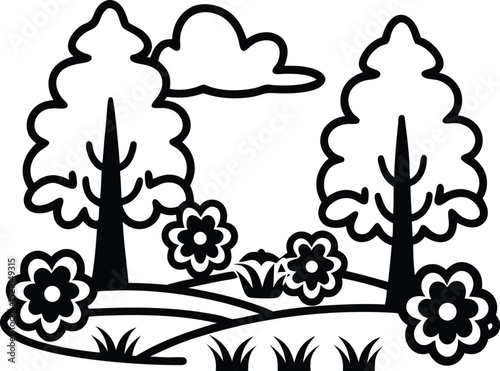 Simple black and white nature scene depicting trees flowers grass and a cloud for outdoor concepts
