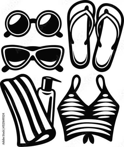 Summer beach essentials collection in black and white outline sunglasses flip flops swimsuit and towel