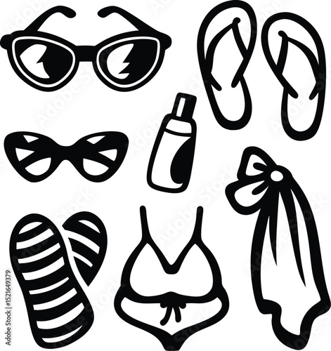 Summer vacation essentials collection featuring sunglasses flip flops sunscreen beach towel and bikini simple black and white outlined illustrations