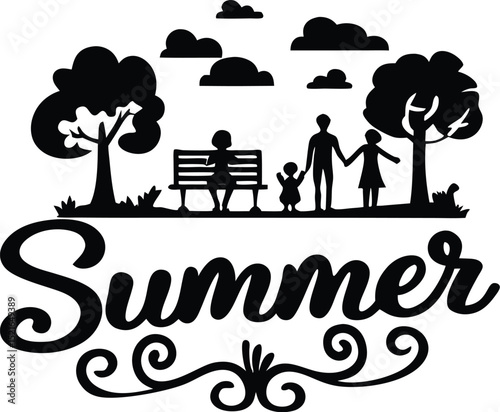Summer silhouette family time outdoors park scene trees clouds bench holiday vacation seasonal leisure