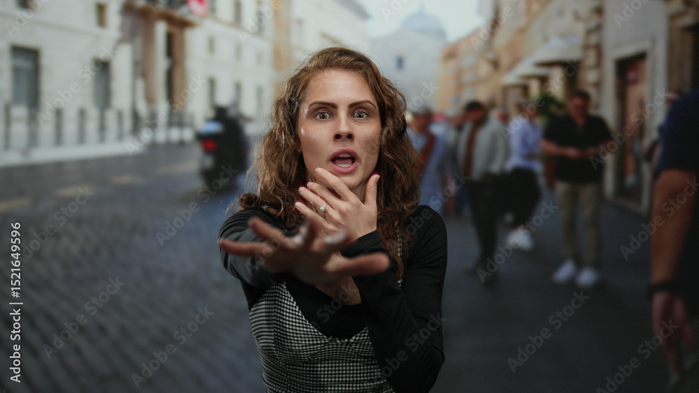 Fototapeta premium Woman shielding face in fear on bustling city street with blurred pedestrians and motorbike in background.