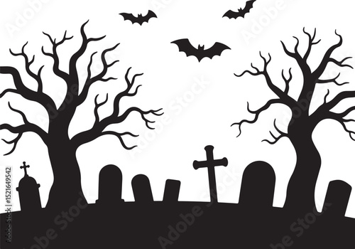 Silhouette of a scary cemetery landscape with graves Vector, Halloween themed seamless panorama  spooky background with cemetery, flying bats crooked tree vector illustration
