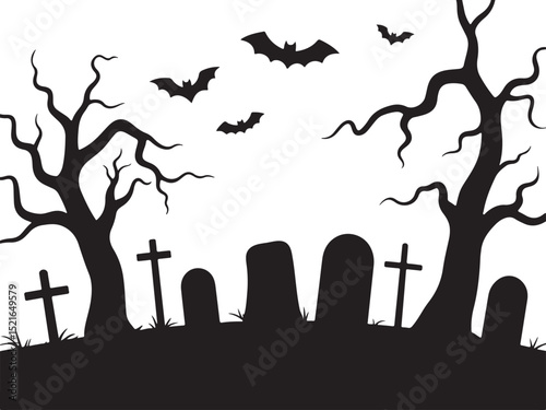 Silhouette of a scary cemetery landscape with graves Vector, flying bats crooked tree silhouette, Halloween themed seamless panorama  spooky background with cemetery