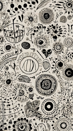 Hand-drawn doodle pattern with whimsical elements, black ink on white background, casual and fun aesthetic


