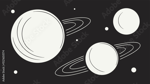 Minimalist planetary design abstract illustration with rings and celestial bodies graphic art