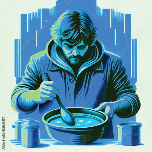 Young man stirring soup in a bowl while wearing a coat indoors  