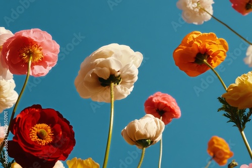 Colorful Flowers Blooming Under a Clear Blue Sky on a Sunny Day in Spring