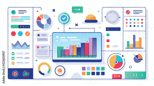 Modern data visualization illustration featuring charts graphs and infographics elements