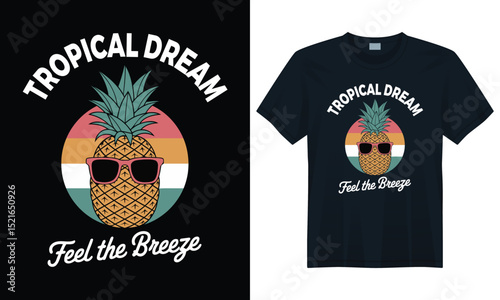 Funny tropical pineapple character with sunglasses and vintage summer background for t-shirts