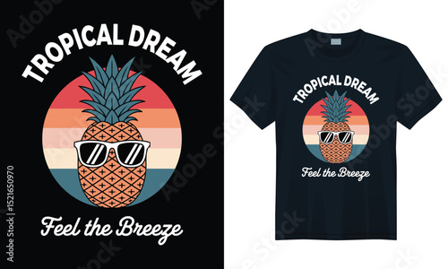 Cool pineapple retro t-shirt with vintage summer vibe and sunglasses on tropical sunset background