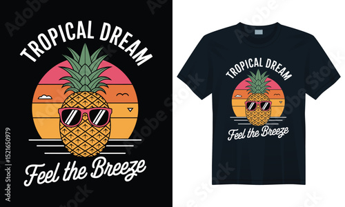 Playful tropical pineapple with sunglasses and vintage sunset sky featuring seagull and clouds